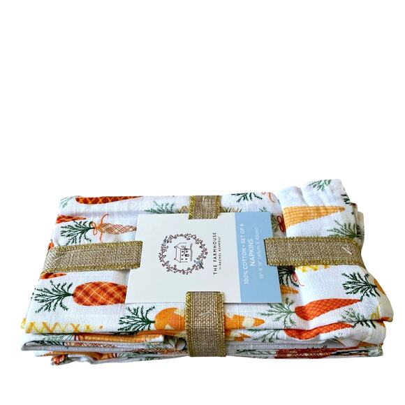 The FARMHOUSE by Rachel Ashwell Plaid Carrots Cloth Napkins Set Of 6 Easter New - Picture 8 of 10